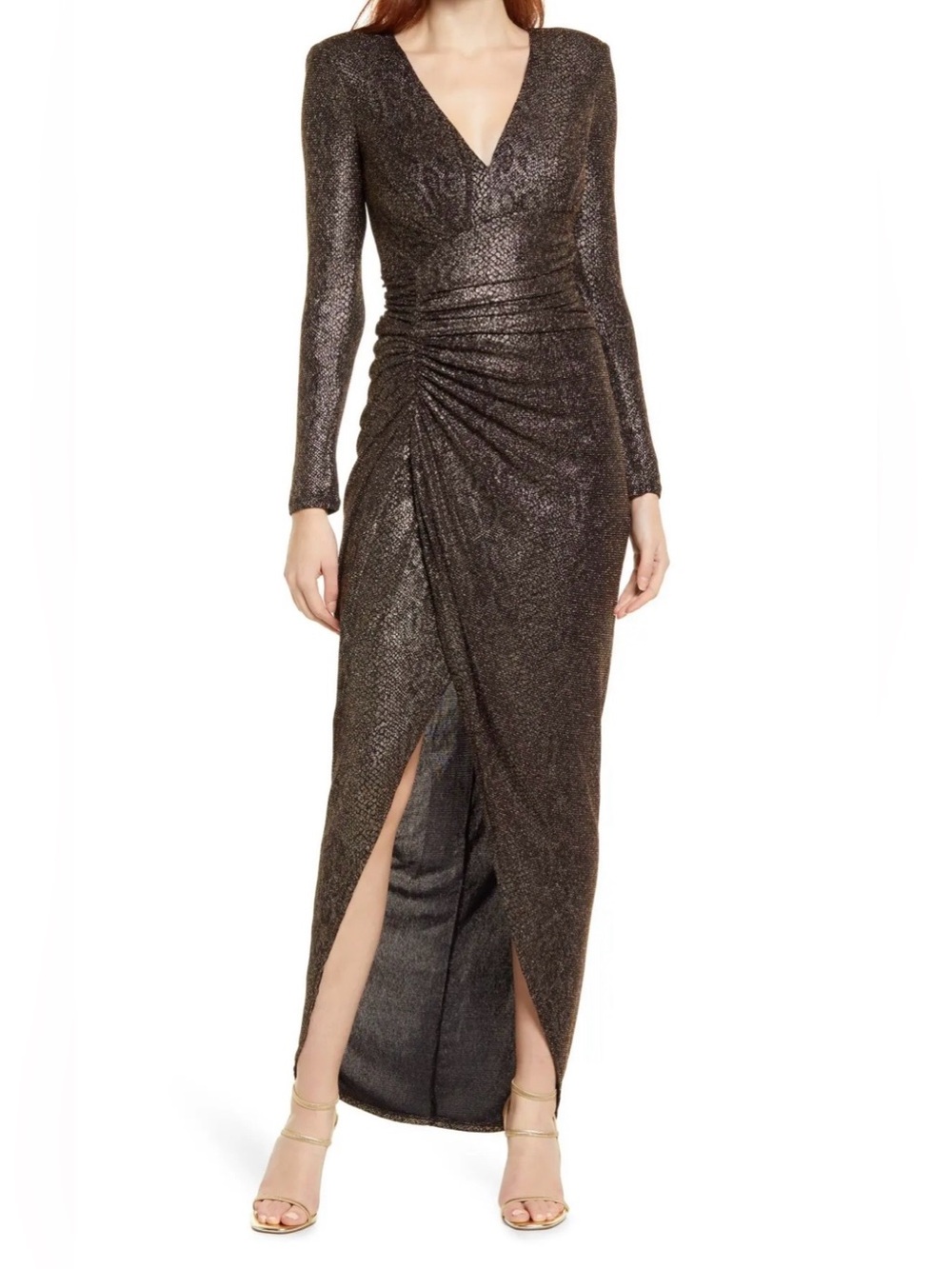 Vince Camuto Bronze Metallic Long-Sleeve V-Neck Gown